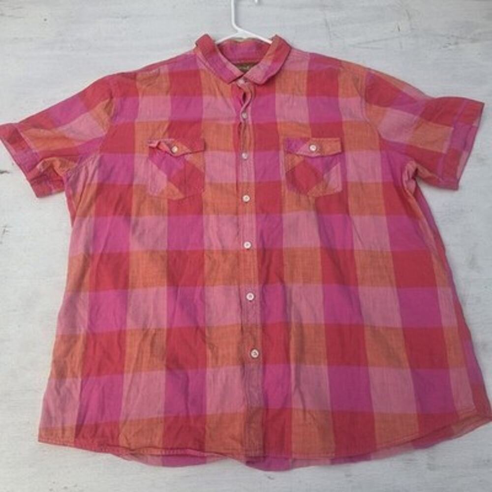 Red Camel Button Up Shirt Mens 2XL Short Sleeve Pink Plaid Cotton Casual Western